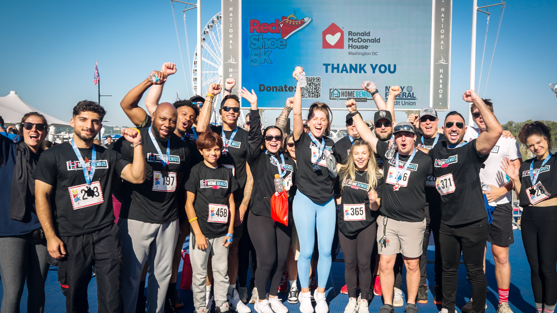 Home Genius employees celebrate their recurring sponsorship of the Ronald McDonald House Washington DC Red Shoe 5K